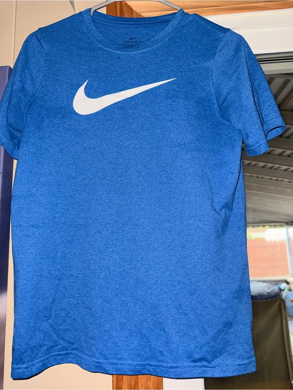 Nike Heathered Blue Crewneck T‑Shirt with Black Swoosh Print